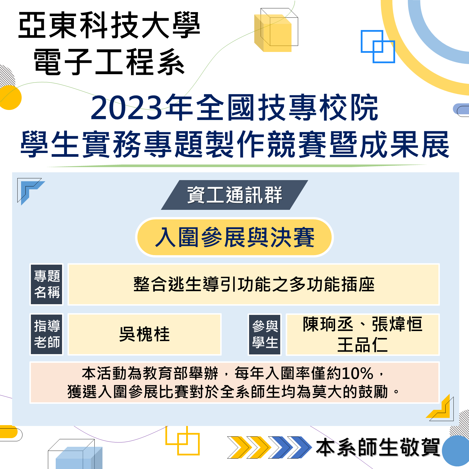 「教育部2023年全國技專校院學生實務專題製作競賽暨成果展」入圍參展決賽