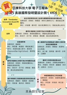 賀 2025 亞東科技大學電子工程系 高雄國際發明暨設計展（KIDE）榮獲 2 金 5 銀 1 銅及特別獎圖片